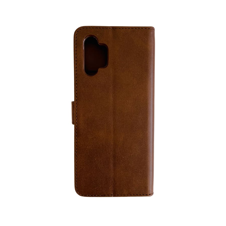 Brown 9eight5 phone case for Samsung Galaxy A32 5G, showing the textured exterior and precise cutouts for buttons and camera.