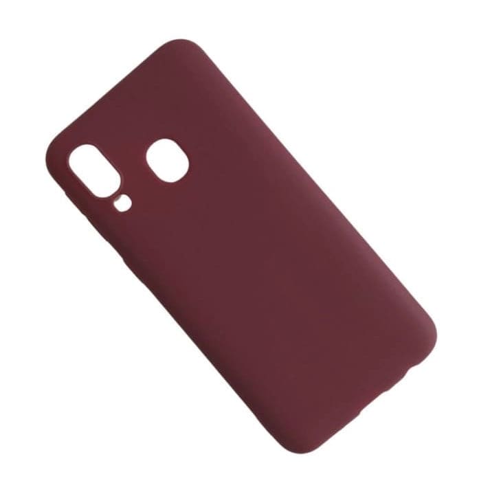Maroon silicone case for Samsung Galaxy A40 by 9eight5, showing the textured soft-touch exterior and precise cutouts for buttons and ports.