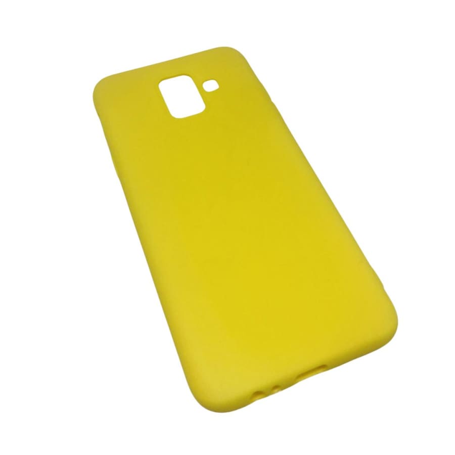 Yellow silicone case for Samsung Galaxy A6 (2018) by 9eight5, showing the smooth, flexible phone cover with precise cutouts.
