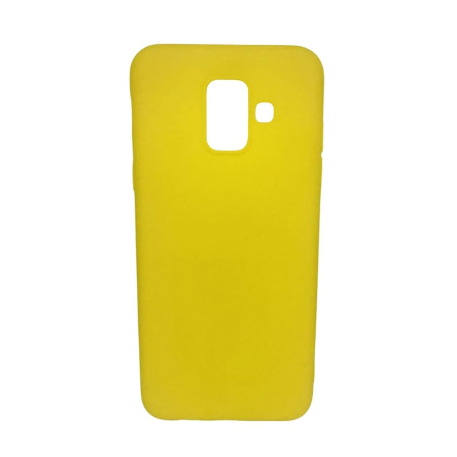 Yellow silicone phone case for Samsung Galaxy A6 (2018) by 9eight5, showing smooth flexible material and precise cutouts.