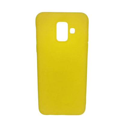 Yellow silicone phone case for Samsung Galaxy A6 (2018) by 9eight5, showing smooth flexible material and precise cutouts.