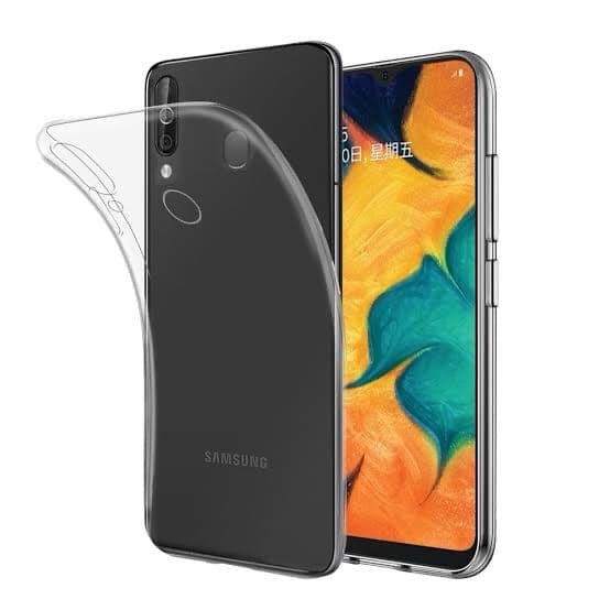 Clear silicone phone case for Samsung Galaxy A60 by 9eight5, showing a smooth, flexible transparent cover fitting the device.