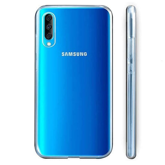 Clear silicone phone case for Samsung Galaxy A70 by 9eight5, showing the flexible, transparent material fitted on the device.