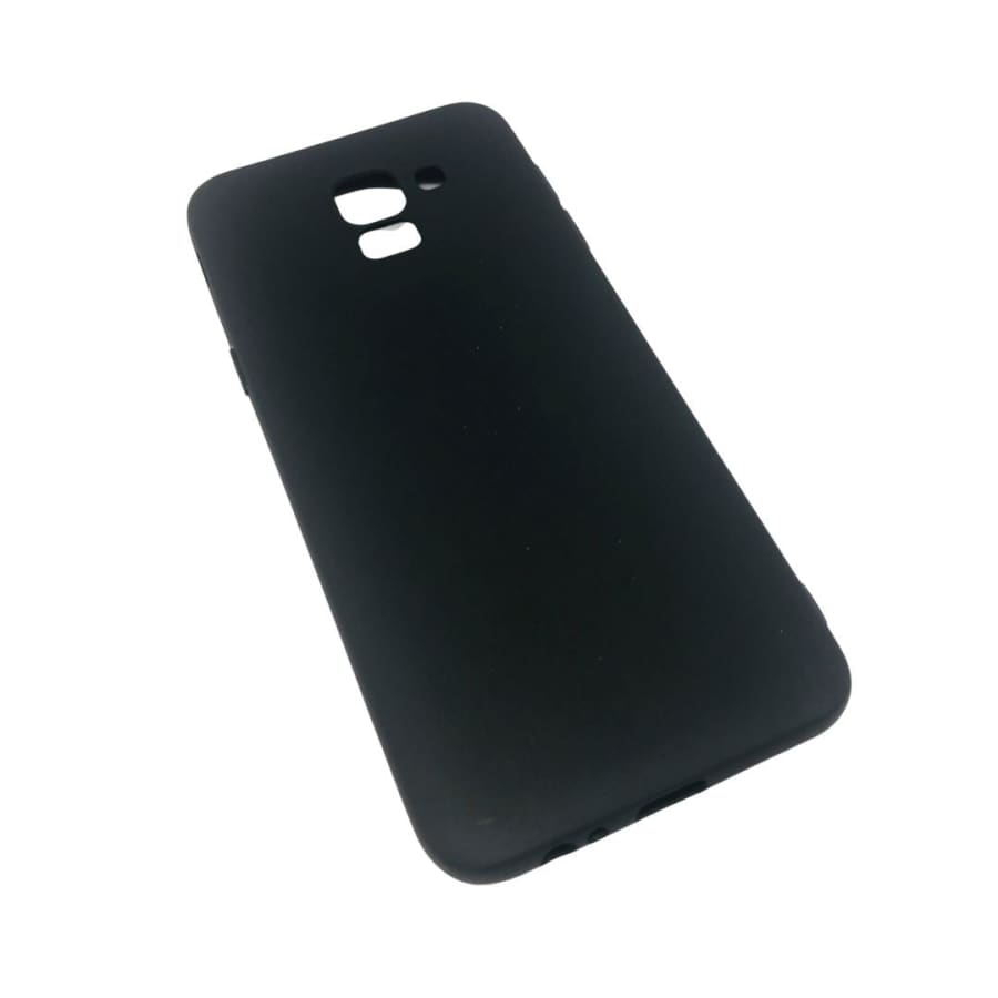 Black silicone phone case for Samsung Galaxy J6 (2018) by 9eight5, showing the textured back and precise cutouts.