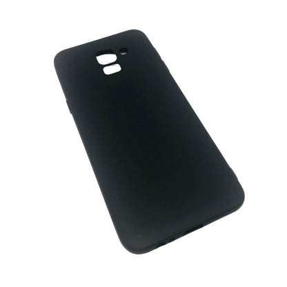 Black silicone phone case for Samsung Galaxy J6 (2018) by 9eight5, showing the textured back and precise cutouts.