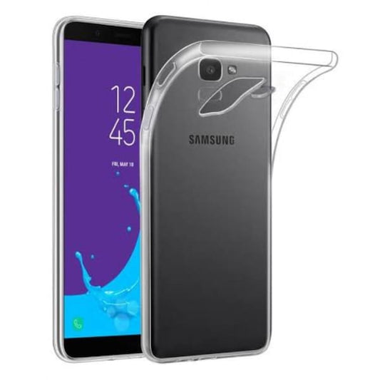 Clear phone case for Samsung Galaxy J6 (2018) by 9eight5, showing a slim, transparent protective cover for the device.