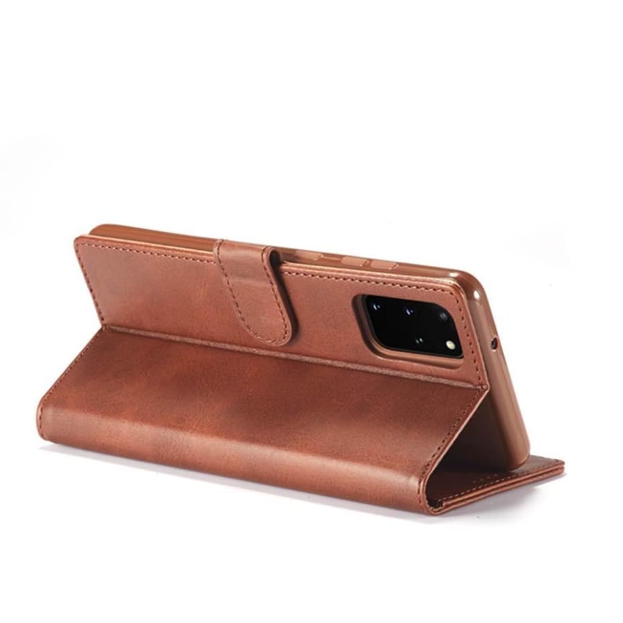 Brown synthetic leather flip case for Samsung Galaxy Note 10 Plus by 9eight5, showing front and side views of the phone case.