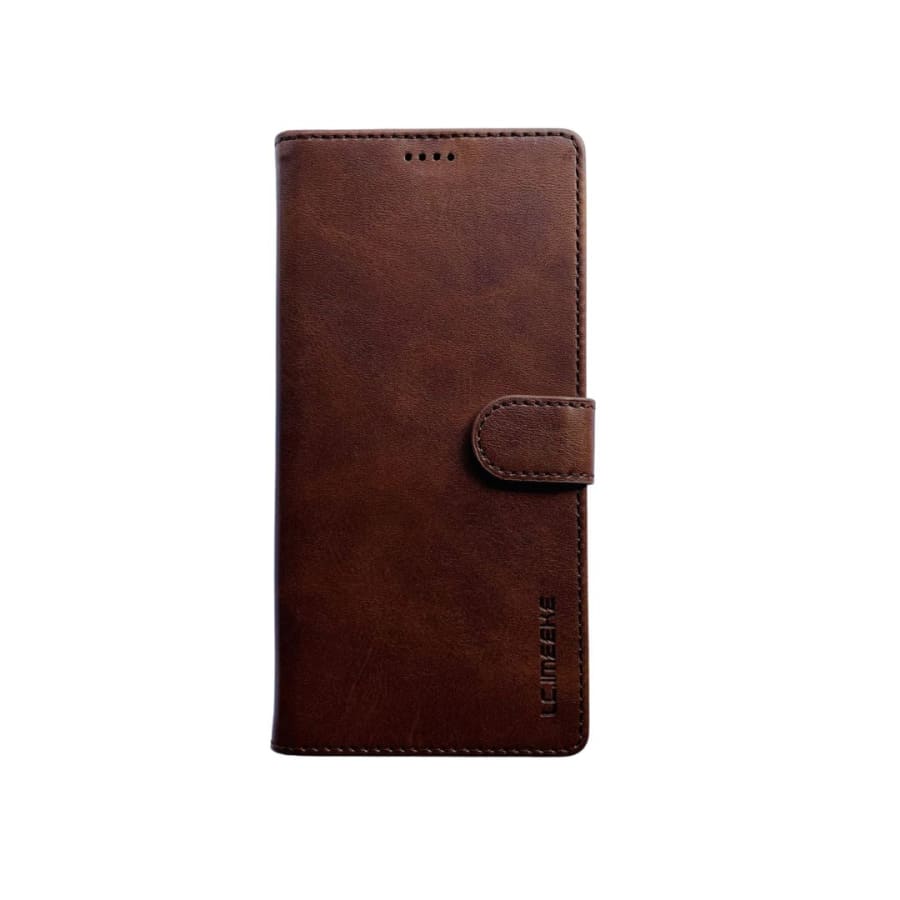 Brown synthetic leather flip case for Samsung Galaxy Note 10 Plus by 9eight5, showing the front cover open to reveal phone interior.