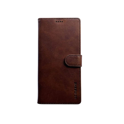Brown synthetic leather flip case for Samsung Galaxy Note 10 Plus by 9eight5, showing the front cover open to reveal phone interior.