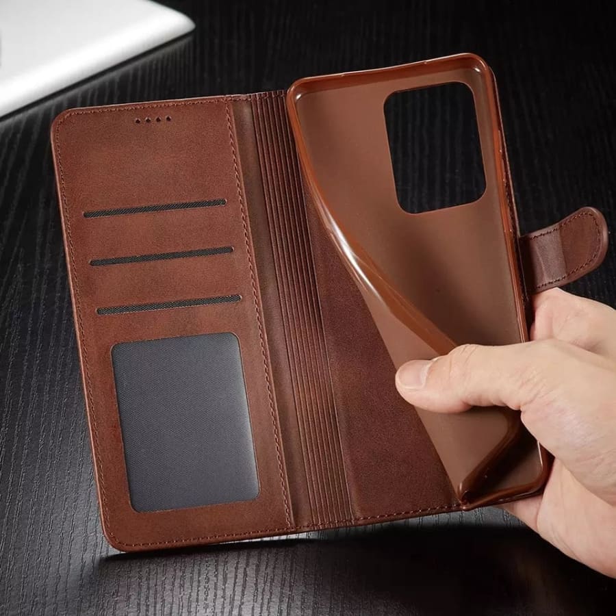Brown flip case for Samsung Galaxy Note 20 Ultra by 9eight5, showing front and back views of the phone case.