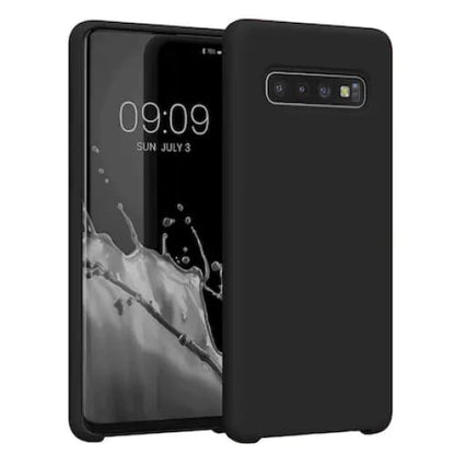 Black silicone phone case for Samsung Galaxy S10 by 9eight5, showing the sleek, flexible design fitting the device securely.