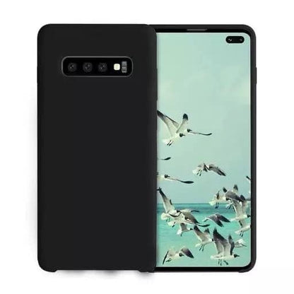 Black silicone phone case for Samsung Galaxy S10 Plus by 9eight5, showing a snug fit and smooth texture.