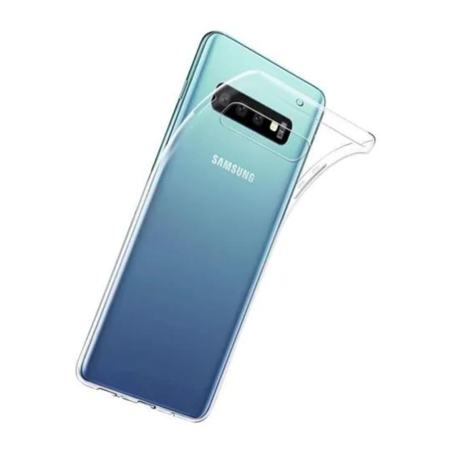 Clear silicone phone case for Samsung Galaxy S10 Plus by 9eight5, showing a slim, transparent protective cover with precise cutouts.