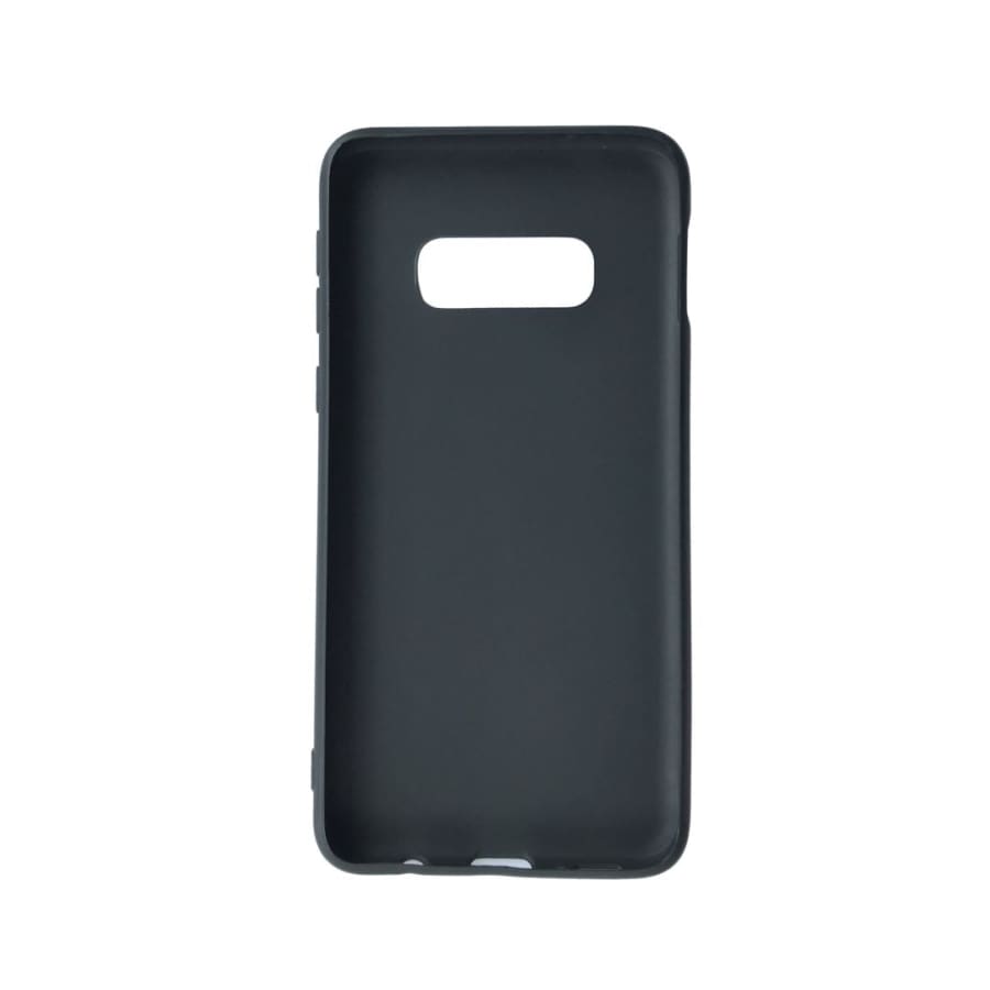 Black silicone phone case for Samsung Galaxy S10e by 9eight5, showing a snug fit and smooth texture on the device.