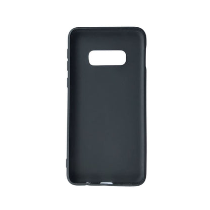 Black silicone phone case for Samsung Galaxy S10e by 9eight5, showing a snug fit and smooth texture on the device.