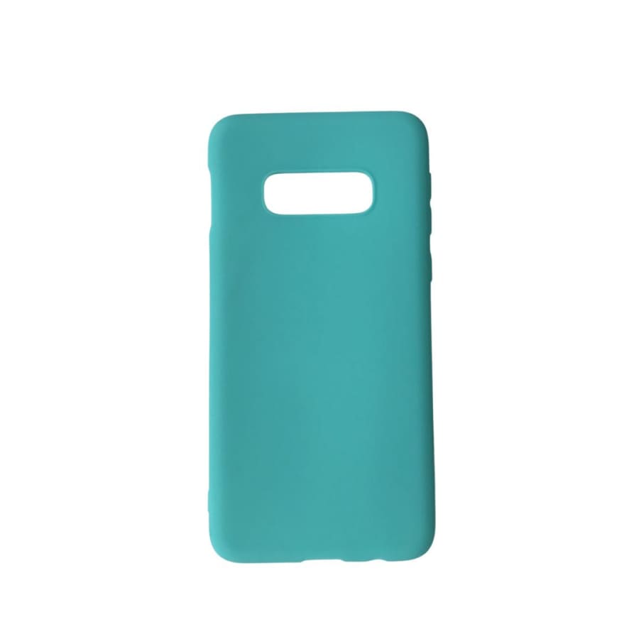 Sky blue silicone cover for Samsung Galaxy S10e by 9eight5, showing a soft, flexible phone case with precise cutouts and smooth texture.
