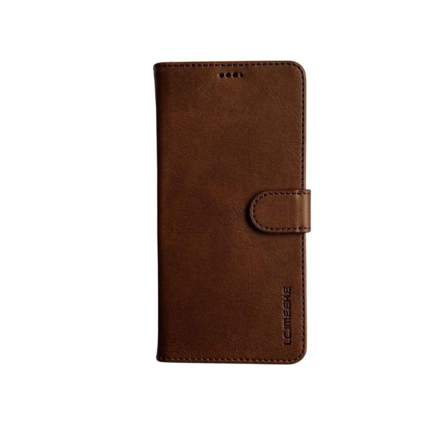 Brown leather flip case for Samsung Galaxy S20 FE by 9eight5, showing the front view with flap closure and textured leather surface.