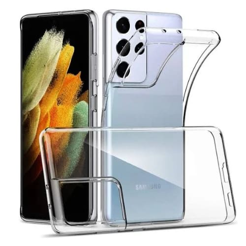 Clear silicone phone case for Samsung Galaxy S21 Ultra by 9eight5, showing a transparent, flexible protective cover with precise cutouts.