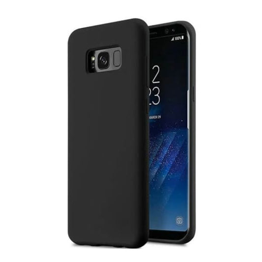 Black silicone phone case for Samsung Galaxy S8 by 9eight5, showing a smooth, flexible protective cover with precise cutouts.