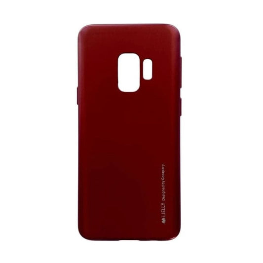 Red 9eight5 Goospery silicone phone case for Samsung Galaxy S9, showing a smooth, flexible protective cover with precise cutouts.