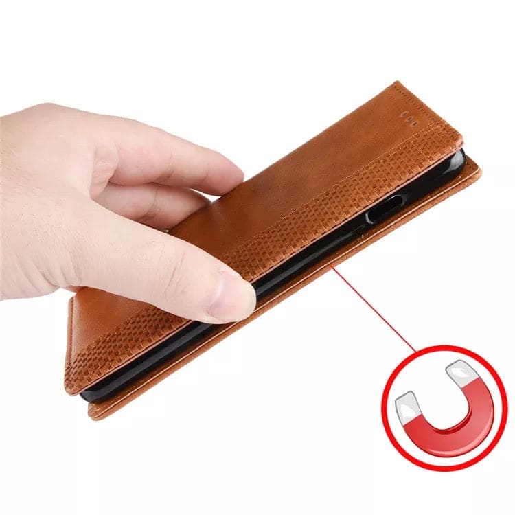 Brown 9eight5 wallet case for Samsung Galaxy Xcover Pro with card slots and secure cover, designed for protection and convenience.