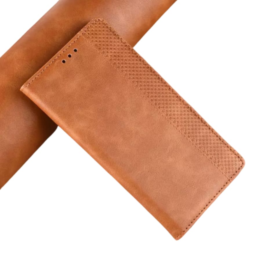 Brown 9eight5 wallet case for Samsung Galaxy Xcover Pro, featuring card slots and protective phone cover design.