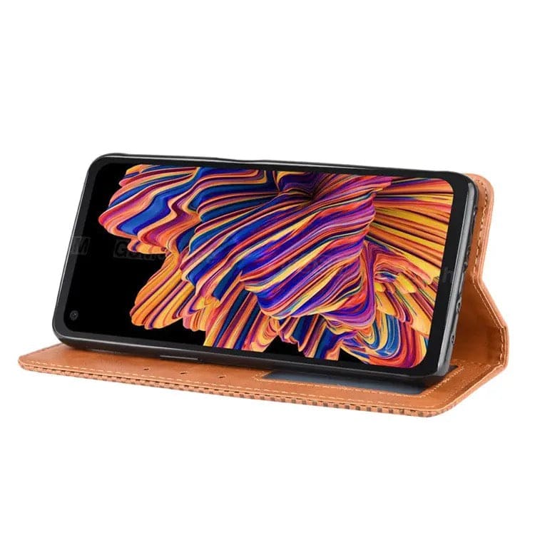 Brown 9eight5 wallet case for Samsung Galaxy Xcover Pro, featuring card slots and protective phone cover design.