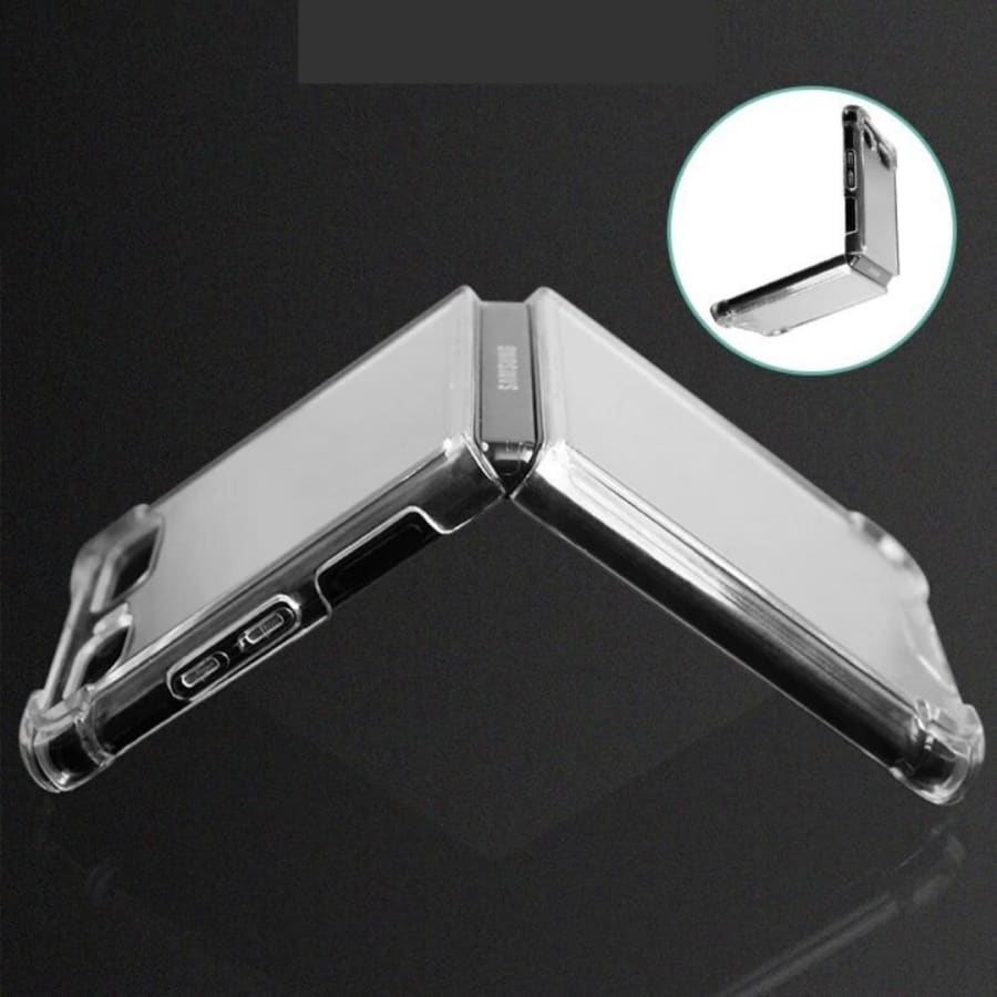 Clear phone case for Samsung Galaxy Z Flip 2 and Z Flip 1 by 9eight5, showing transparent flexible protection for the foldable phone.