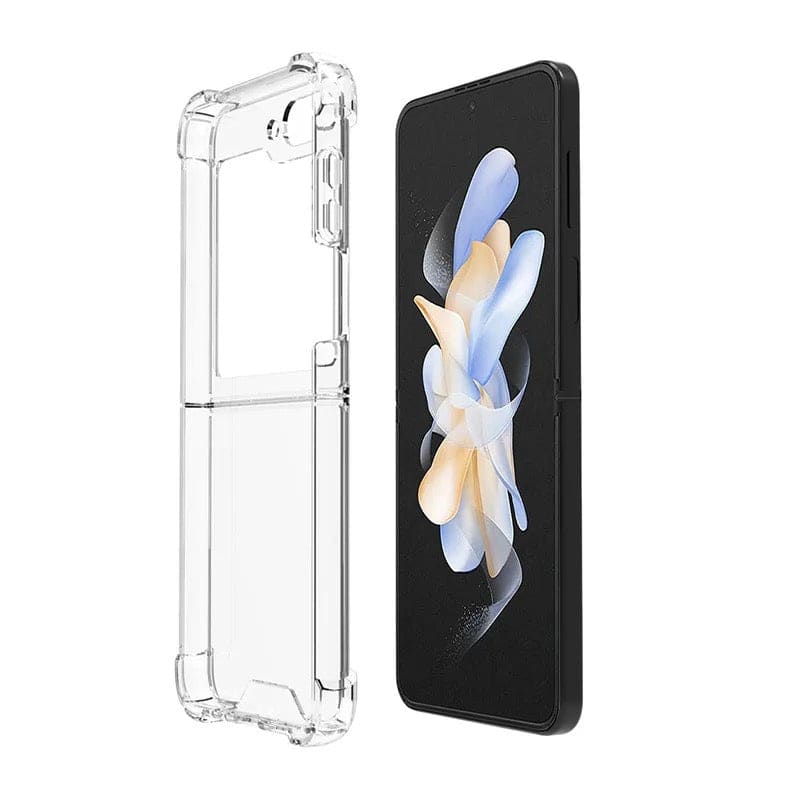 Clear 9eight5 phone case for Samsung Galaxy Z Flip 5, slim protective cover with precise cutouts for buttons and camera.