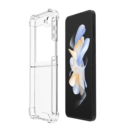 Clear 9eight5 phone case for Samsung Galaxy Z Flip 5, slim protective cover with precise cutouts for buttons and camera.