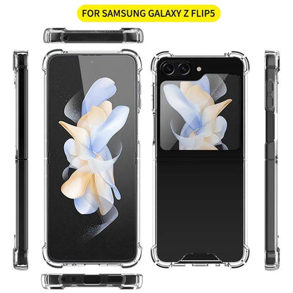 Clear 9eight5 phone case for Samsung Galaxy Z Flip 5, showing a slim, protective cover with precise cutouts for buttons and camera.