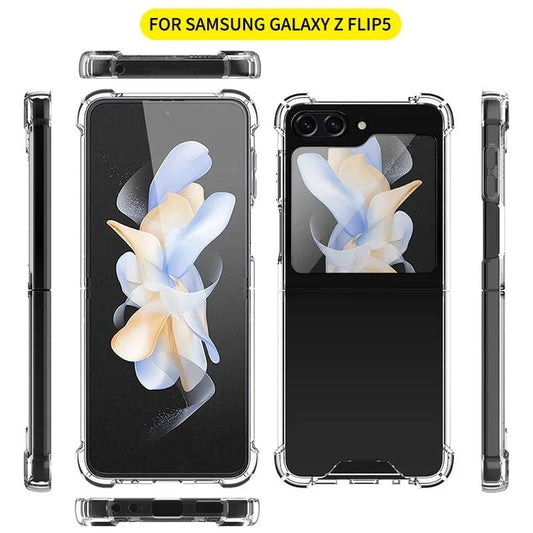 Clear 9eight5 phone case for Samsung Galaxy Z Flip 5, showing a slim, protective cover with precise cutouts for buttons and camera.