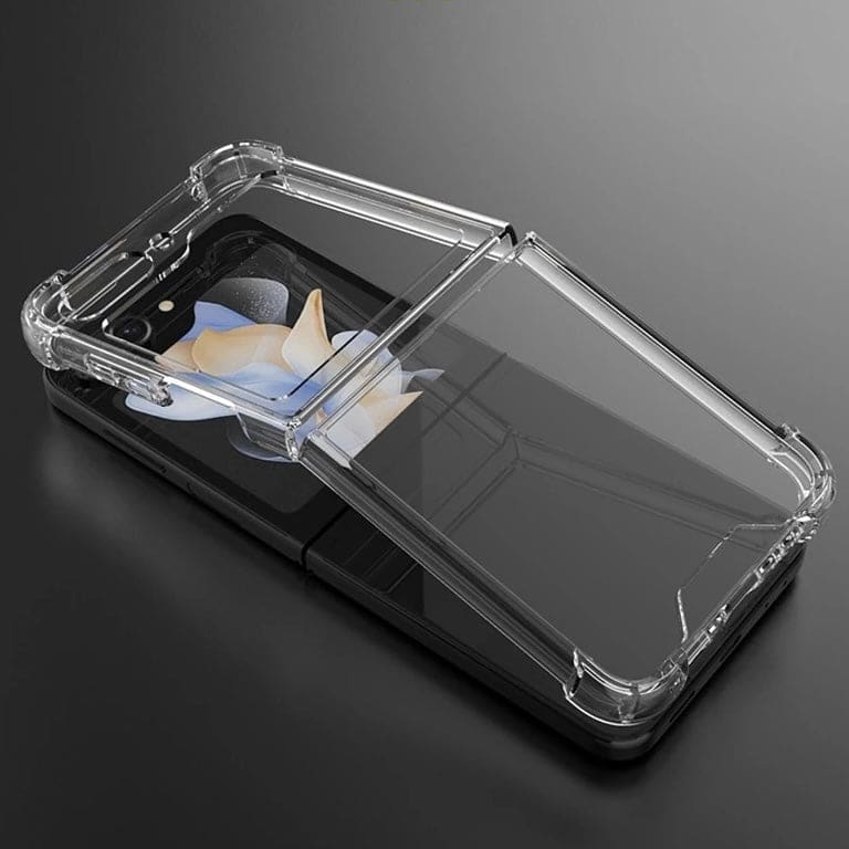 Clear 9eight5 phone case for Samsung Galaxy Z Flip 5, showcasing a slim, protective cover with precise cutouts.
