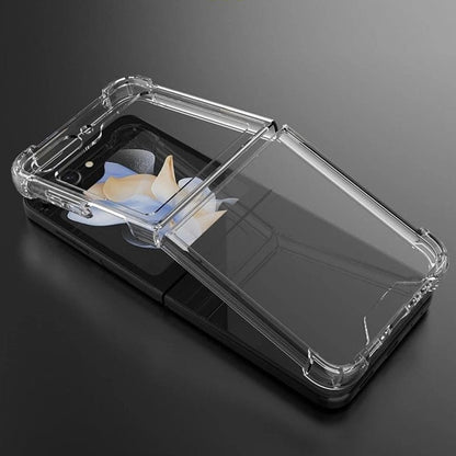 Clear 9eight5 phone case for Samsung Galaxy Z Flip 5, showcasing a slim, protective cover with precise cutouts.