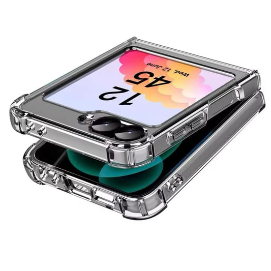 Clear 9eight5 phone case for Samsung Galaxy Z Flip 6 showing slim, transparent design with precise cutouts for ease of access.
