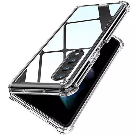 Clear protective case for Samsung Galaxy Z Fold 3 by 9eight5, shown on a folded phone with transparent design.