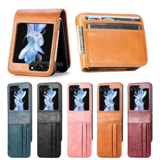 Nineeight5 phone case for Samsung Galaxy Z Flip 5 in tan with five color options, showing the slim protective design.