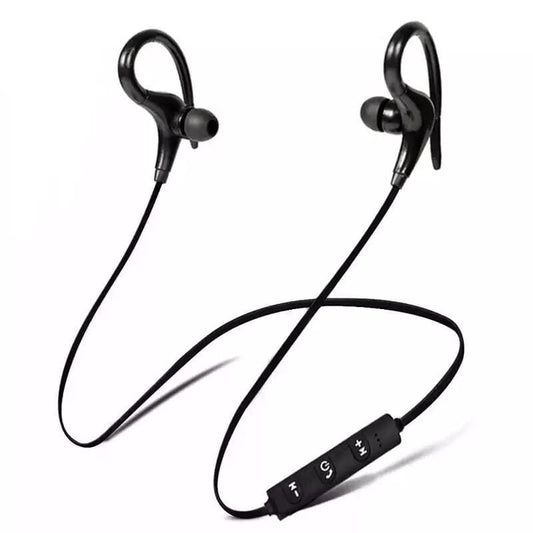 Black wireless earphones by 9eight5 with a sleek design, available in four colors, designed for phone and tablet use.