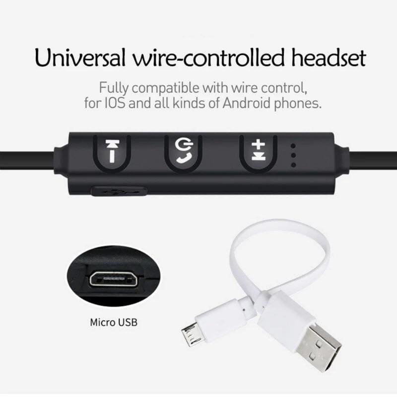 Black wireless earphones by 9eight5 with four color options, designed for phones and tablets, in a sleek and compact style.