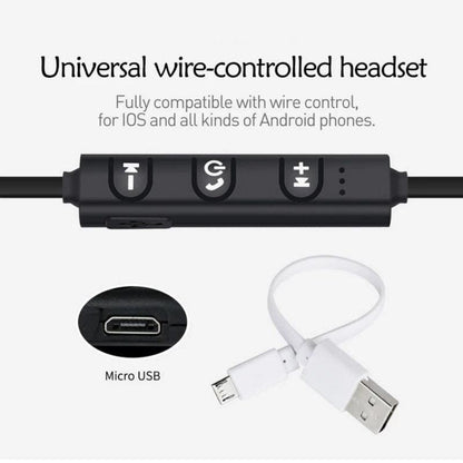 Black wireless earphones by 9eight5 with four color options, designed for phones and tablets, in a sleek and compact style.