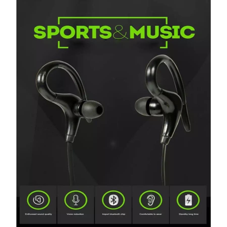 Black wireless earphones by 9eight5, compatible with phones and tablets, available in four colors.