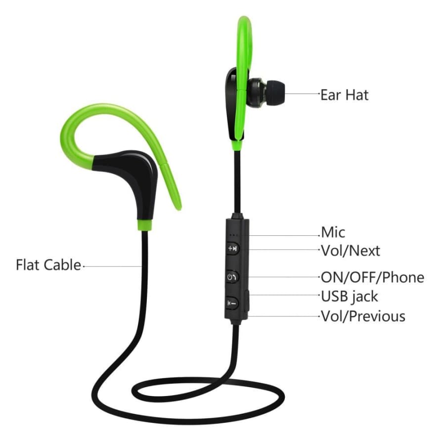 Black wireless earphones by 9eight5, compatible with phones and tablets, available in four colors, shown with charging case