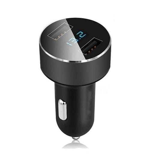 Black 9eight5 car charger with LED voltmeter display for phones and tablets, compact and easy to use in vehicle accessories.