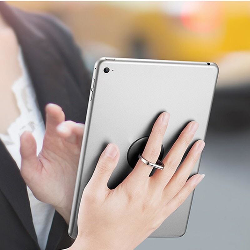 Black 9eight5 finger grip for phone and tablet accessories, showing the textured surface and ergonomic design.