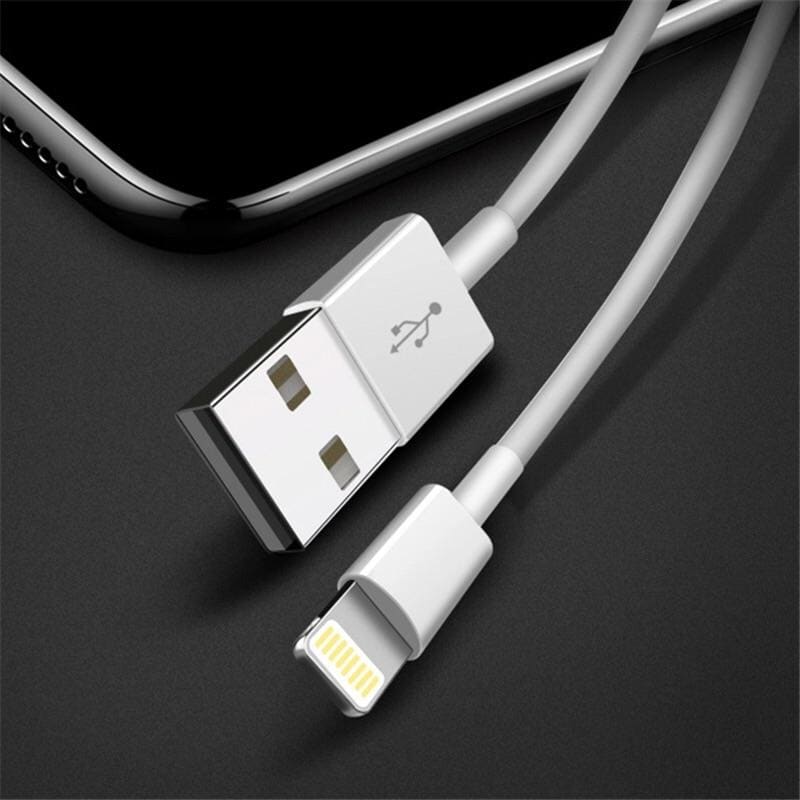 White 1m iPhone and iPad charger cable by 9eight5, shown connected to devices, designed for fast charging and data transfer.