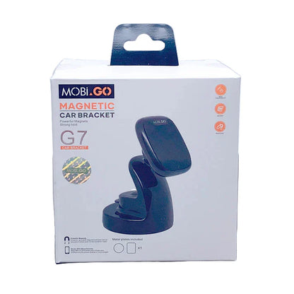 Mobigo Magnetic Car Holder G7 by 9eight5 for phones and tablets, mounted on a dashboard with a sleek black design