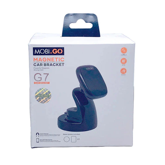 Mobigo Magnetic Car Holder G7 by 9eight5 for phones and tablets, mounted on a dashboard with a sleek black design