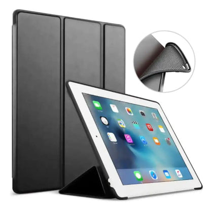 Navy blue 9eight5 full-body iPad cover for iPad 5th and 6th gen, Air, and Air 2, showcasing the protective case on a tablet.