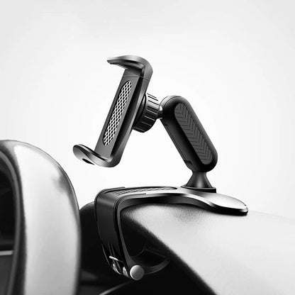 9eight5 dashboard hood phone holder attached to car dashboard, holding a smartphone for easy access and navigation.
