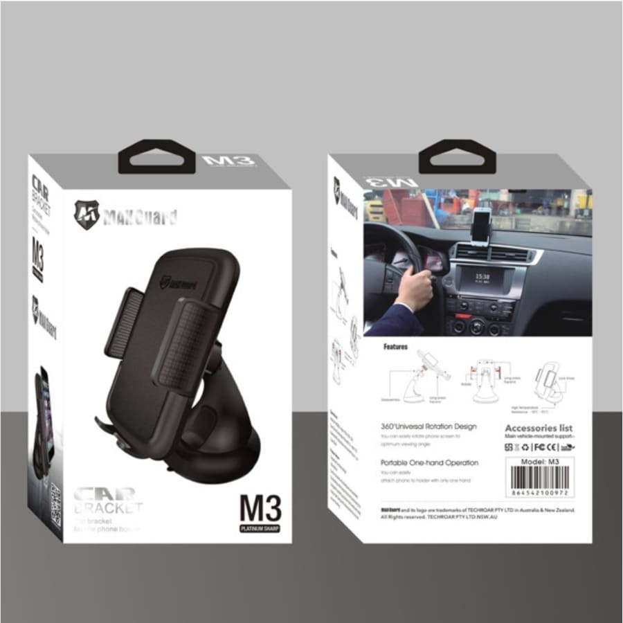Maxguard M3 dashboard phone holder by 9eight5, adjustable mount for securing smartphones and tablets in vehicles.